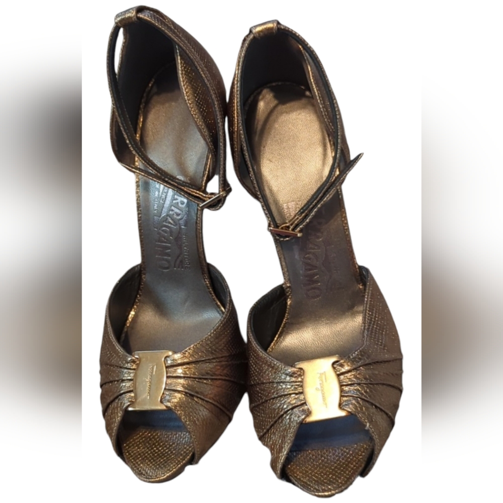 Ferragamo Dark Gold Strappy Pumps size 6